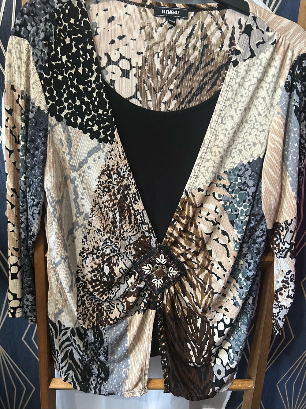 Elementz Mixed Animal-Print Surplice Tunic in Black, Brown, Beige and Gray